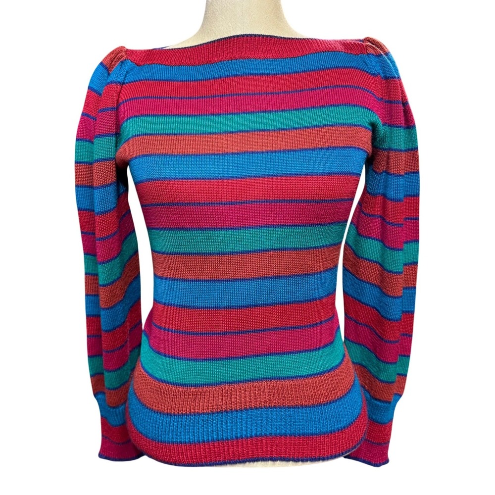 VTG Genesis S Striped Sweater Balloon Sleeve Ms Frizzle Art Teacher Colorful 80s